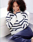 Monari Striped Polo Neck Jumper, White and Navy 807961