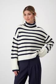 Monari Striped Polo Neck Jumper, White and Navy 807961
